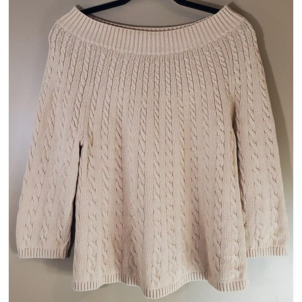 Talbots Tan Cable Knit 100% Cotton Wide Neckline Size XL - Picture 1 of 9